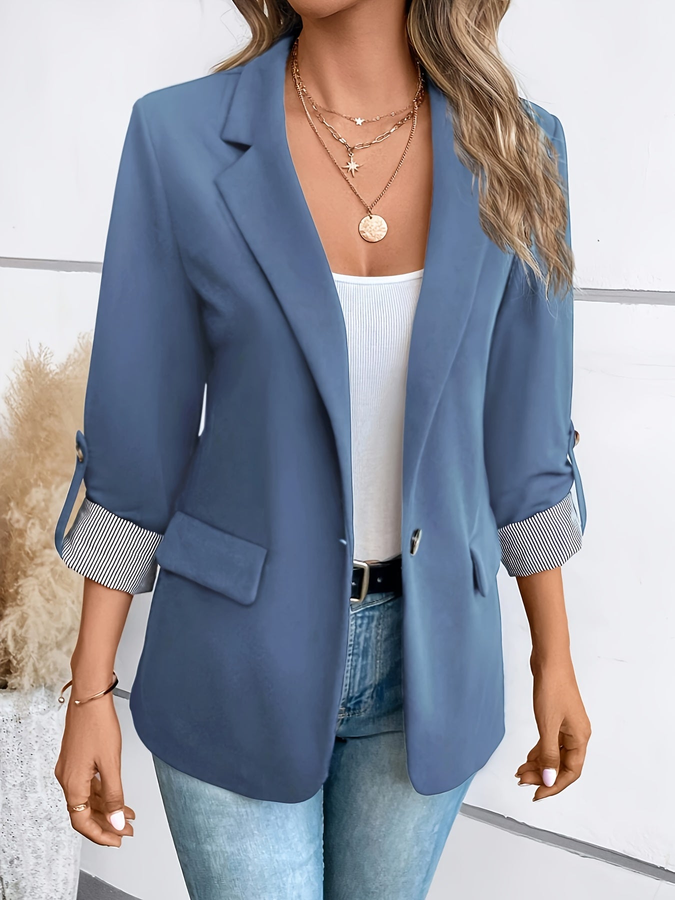 Single-Breasted Label Neck Blazer, Elegant Long Sleeve Blazer For Office & Work, Women's Clothing