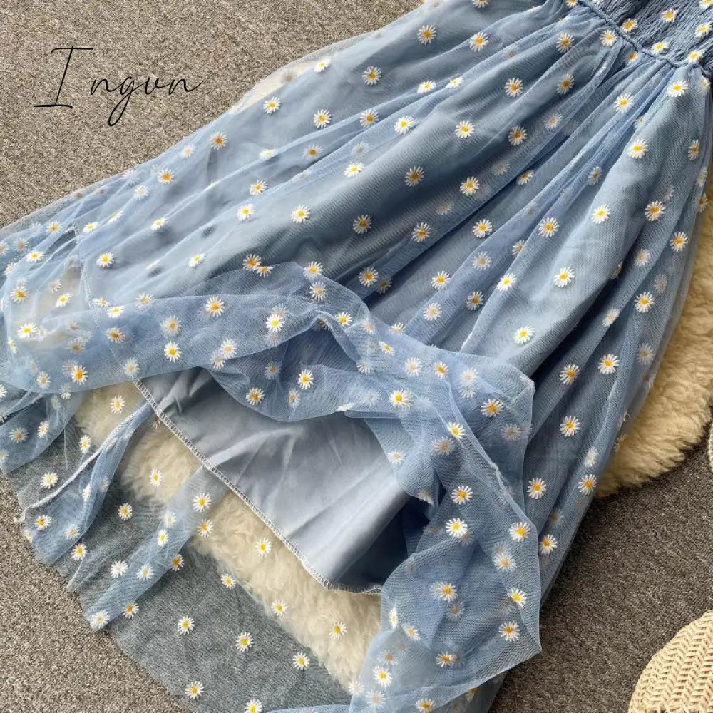 Ingvn - Embroidered Off-Shoulder Dresses Fairy Chic Gentle Dress Female New Style Sweet Daisy Printed Mesh Long Floral Dress Female