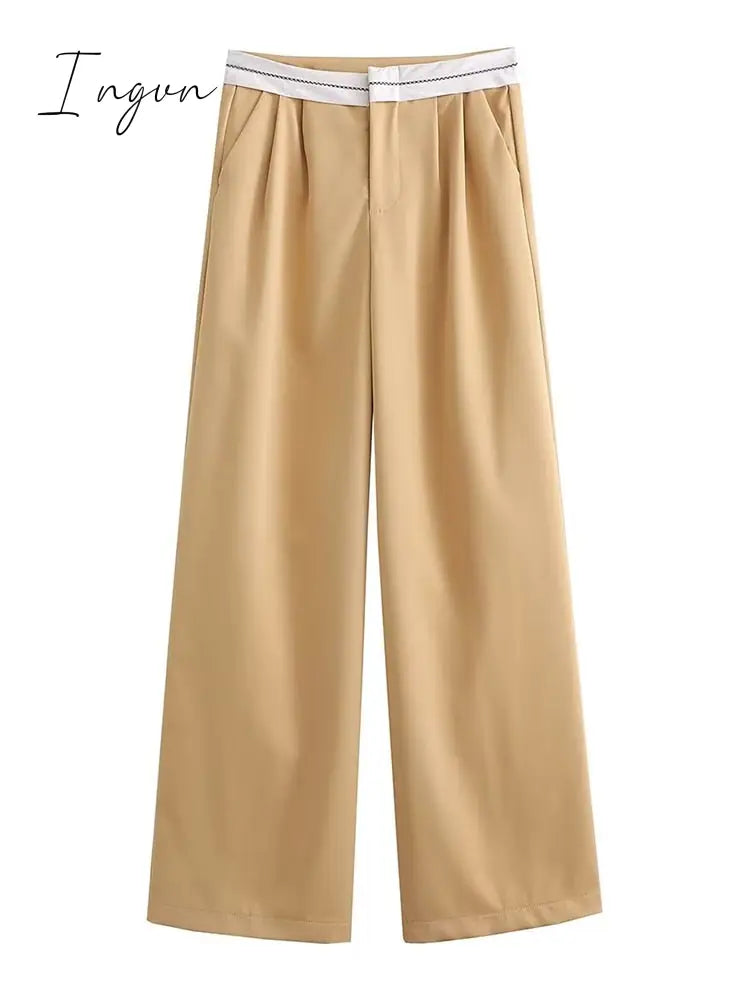 Ingvn - 2023 Women Fashion Side Pockets Patchwork Straight Pants Vintage High Waist Zipper Fly Female Casual Trousers Mujer