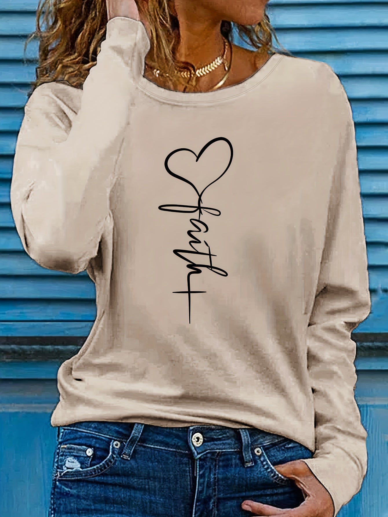 Faithful Favourite Crew Neck T-shirt - Women's Long Sleeve Casual Top for Spring & Fall - Soft, Comfortable, Relaxed Fit, Versatile Wardrobe Essential for Everyday Wear
