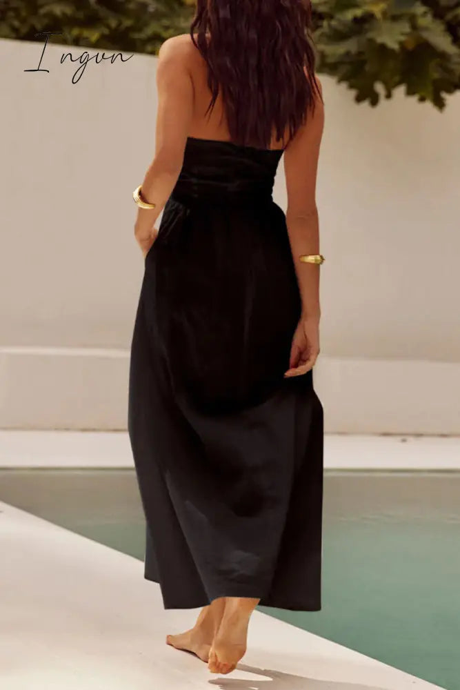Ingvn - Sexy Solid Pocket Fold Halter Sleeveless Dresses