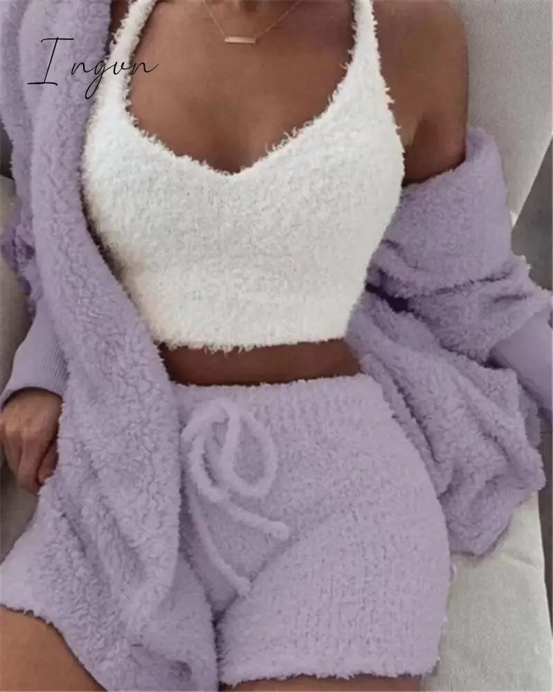 Ingvn - Brand quality Autumn Winter 3 Piece Fluffy Outfits Plush Sexy Backless Fleece Pyjamas Women Casual Sports Sweatshirt Home Wear Sets Tracksuit