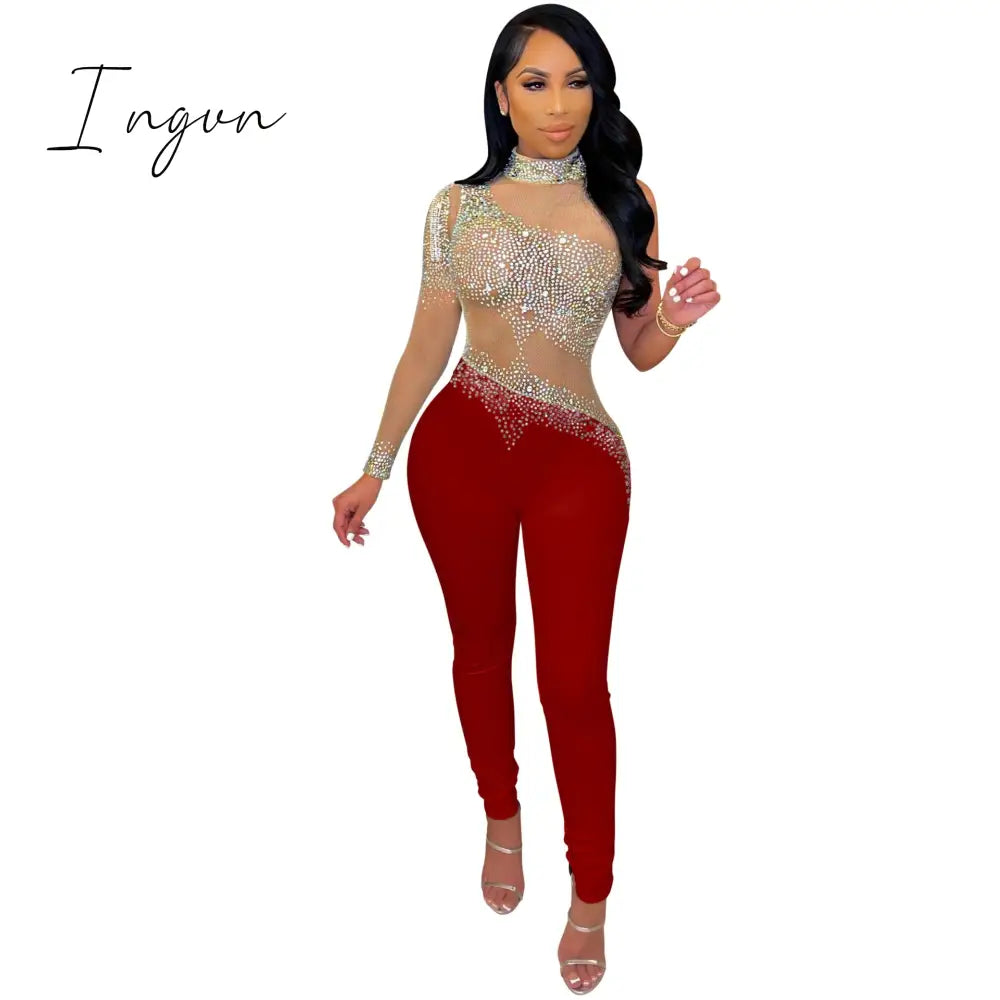 Ingvn - Sheer Mesh Diamonds Sequined Pearls High Split Long Dress For Women Straps Bodycon Long Vestidos Night Party Rhinestone Outfits