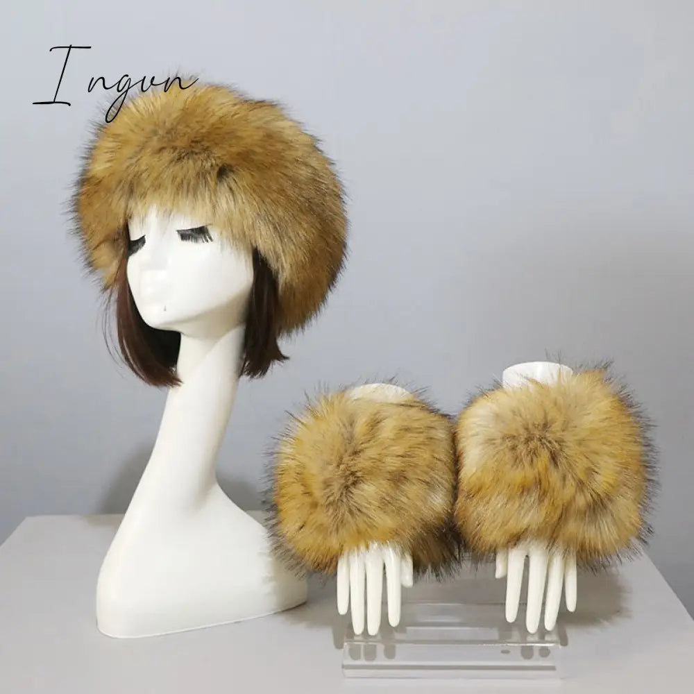 Ingvn - New Autumn Winter Caps Female Hats Cuffs Set Fashion Warmth Imitation Quality Design Faux Fur Hat Fox Fur Sleeves Suit Accessary