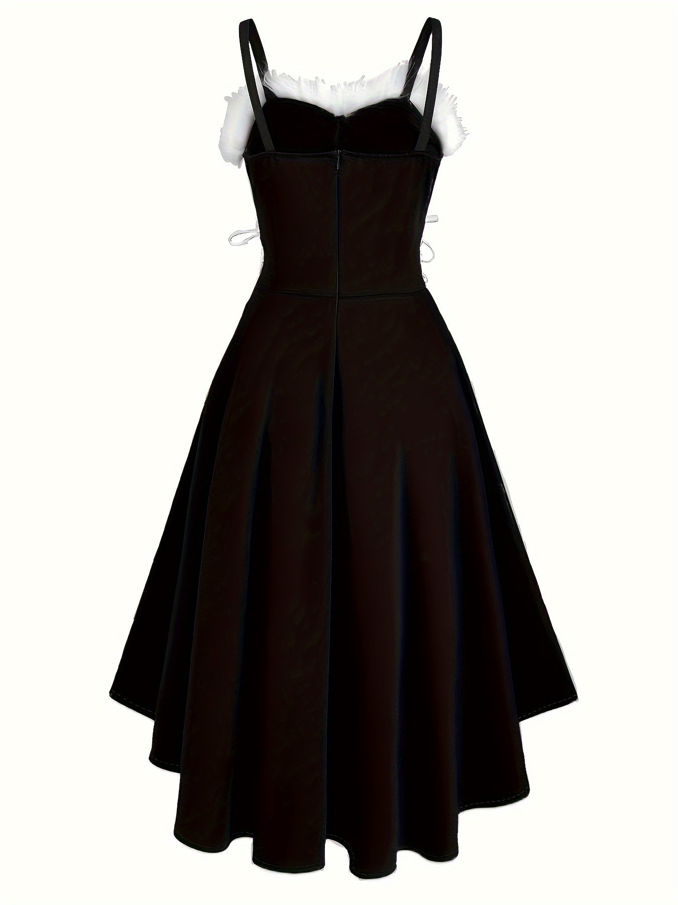 Vintage-Inspired Faux Fur Aline Swing Tank Dress - Contrast Trim, Asymmetrical Hem, Cross Tie Detail, Christmas Party Dress - Women's Clothing, Holiday Season Fashion