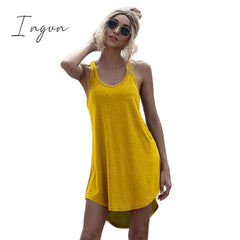 Ingvn - Solid Casual O-neck Sleeveless Tank Dress Women Loose Off Shoulder Asymmetrical Cotton Mini Dress