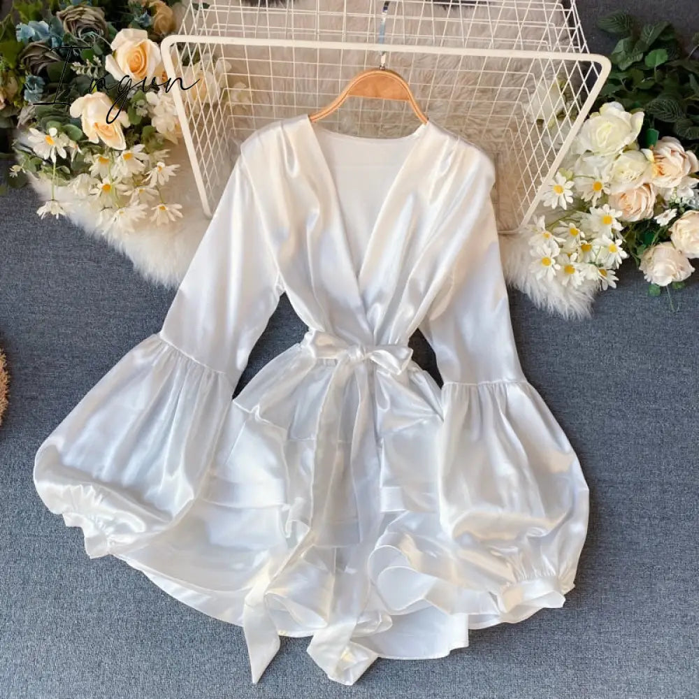 Ingvn - White Party Evening Dress for New Year Women Satin Silk Mini Long Lantern Sleeve Elegant Short Casual Dresses