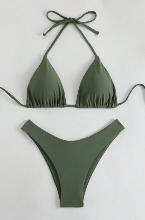 Hot Sale Solid Color Bikini Swimsuit Women's Three-point Sexy Tether Backless High Waist Split Swimsuit