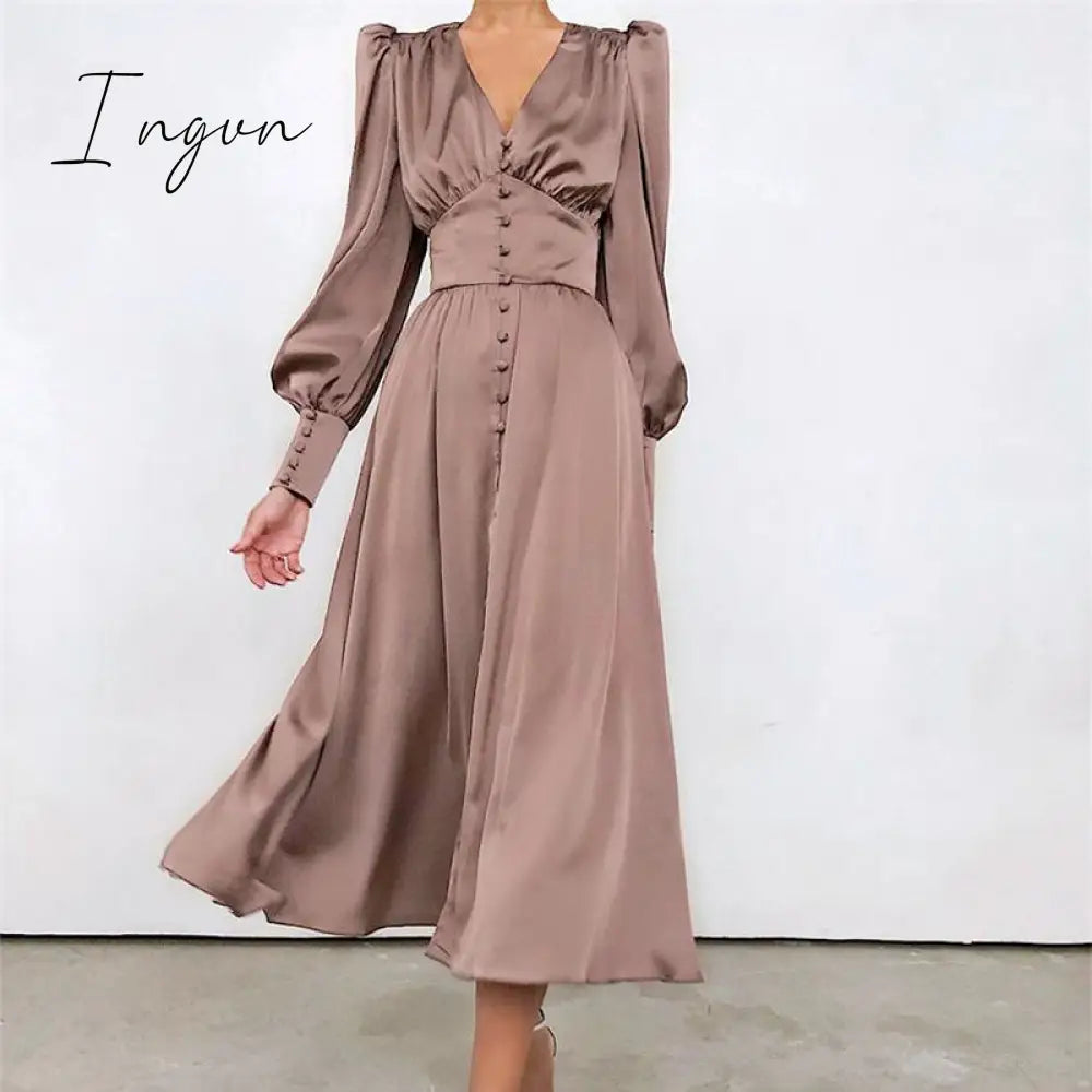 Ingvn - Elegant spring satin bishop sleeve a-line dress women V-neck high waist button dress solid Vintage long dresses chic