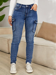 Womens Ultra-Skinny Cargo Jeans with Fashionable Flap Pockets - Classic Washed Blue Denim Pants - Premium Versatile Denim Clothing for Trendsetters