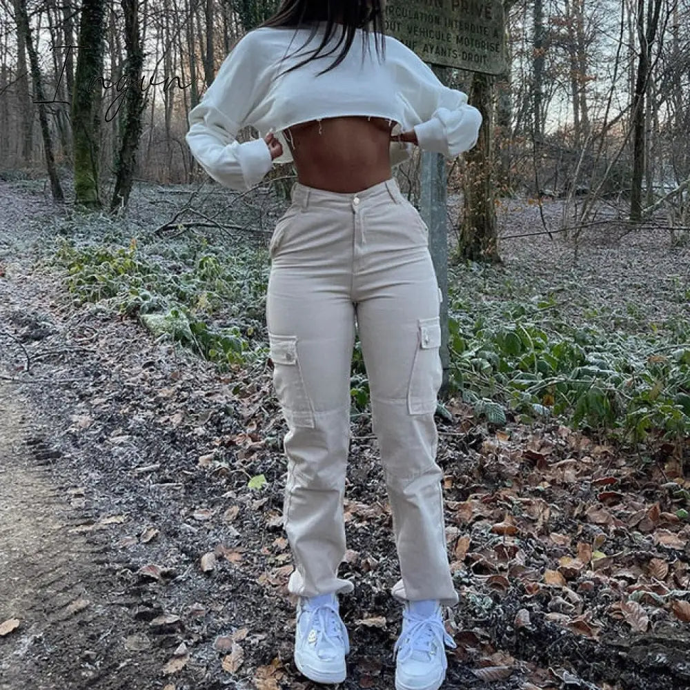Ingvn - Straight Leg Cargo Pants Women High Waist Casual Baggy Pants Slim Vintage Y2k Streetwear Elastic Wide Leg Trousers Fashion Jeans