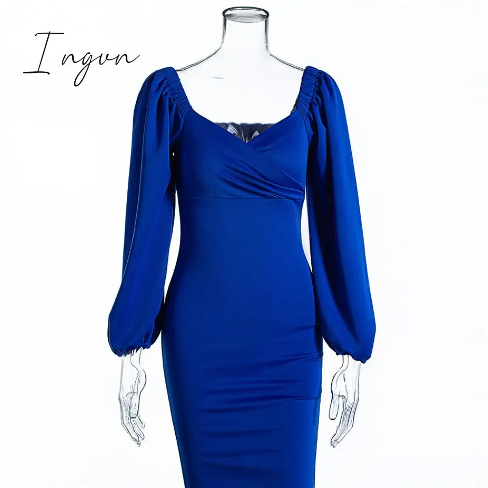 Ingvn - Midi Night Dress Women Long Puff Sleeve A-LINE Ruffled Backless Bodycon Sexy Dress Autumn Winter Elegant Office Lady Prom