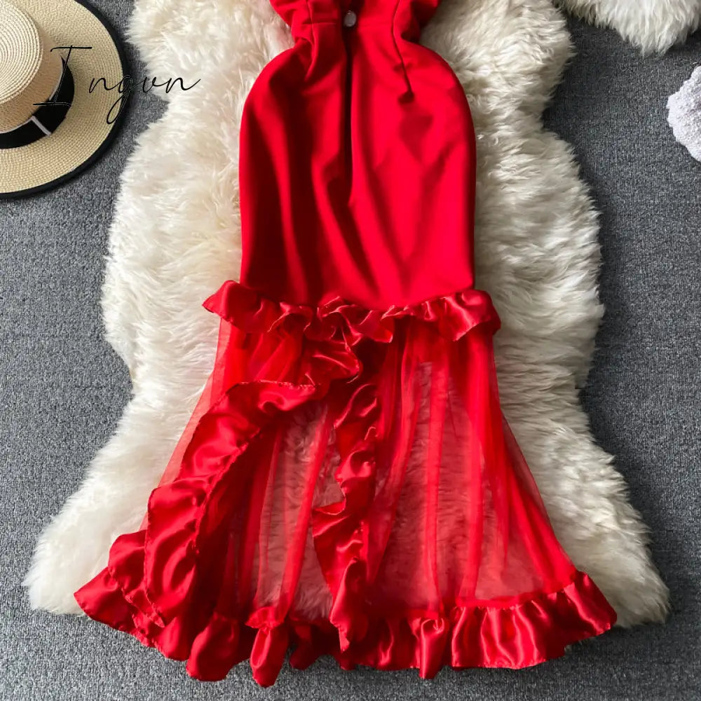 Ingvn - Trends high quality Women Spaghetti Strap Sexy Dress Strapless Bodycon Slim Red Dinner Party Dresses Mesh Patchwork Female Summer Long Dress