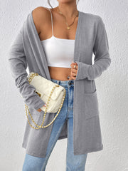 Dual Pockets Open Front Cardigan, Stylish Solid Color Long Sleeve Cardigan For Spring & Fall, Women's Clothing