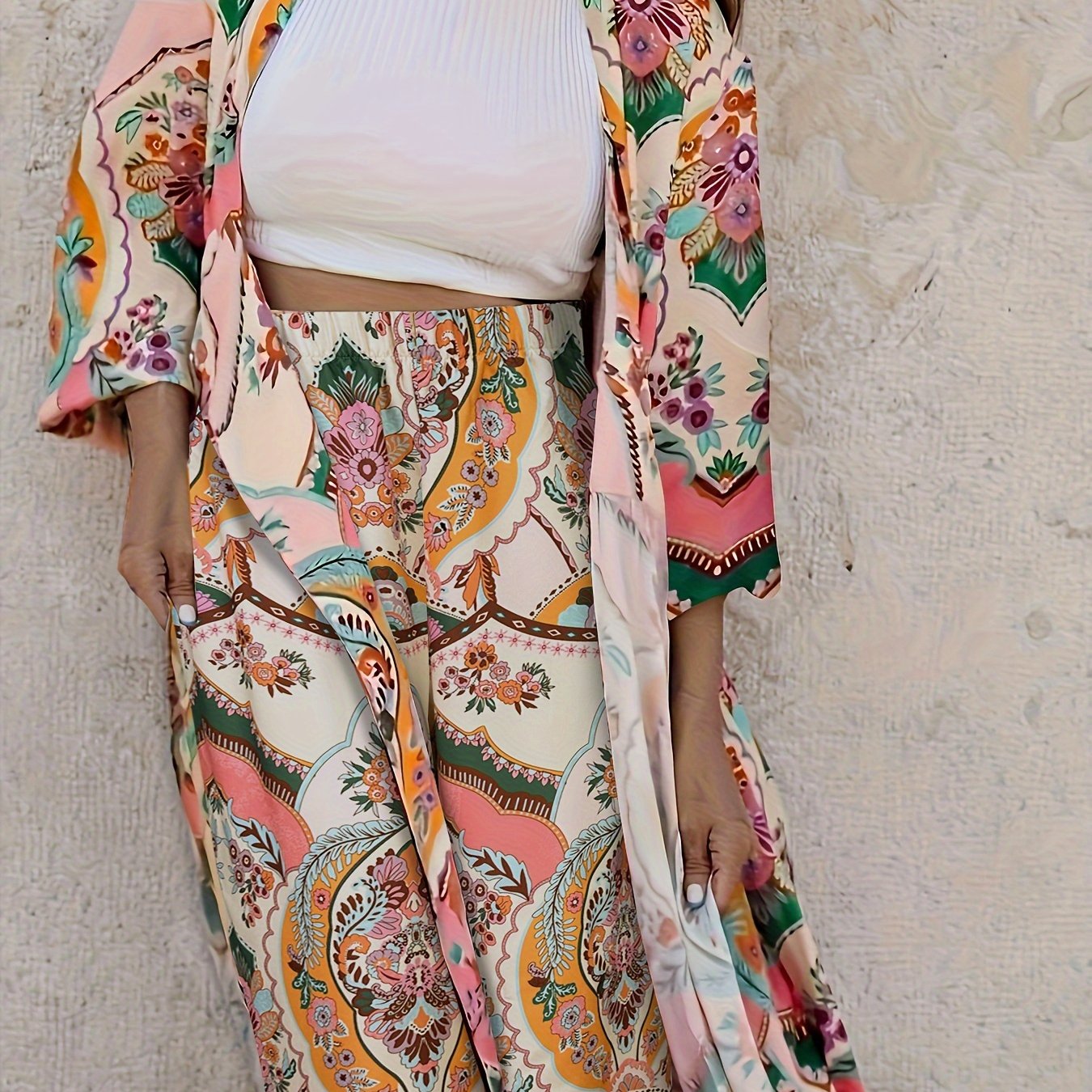 Ethnically Chic Floral Two-Piece Outfit Set - Flowy Open Front Cardigan & Wide Leg Pants - Maxi-Length Womens Fashion
