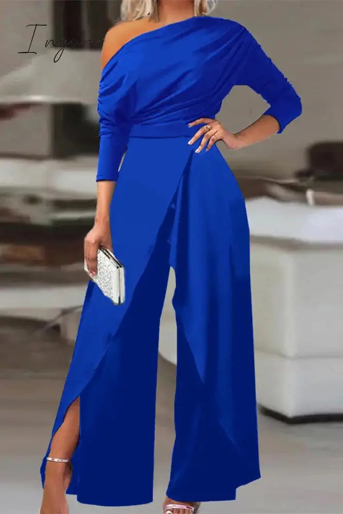 Ingvn - British Style Solid Backless Asymmetrical Oblique Collar Regular Jumpsuits(3 Colors)