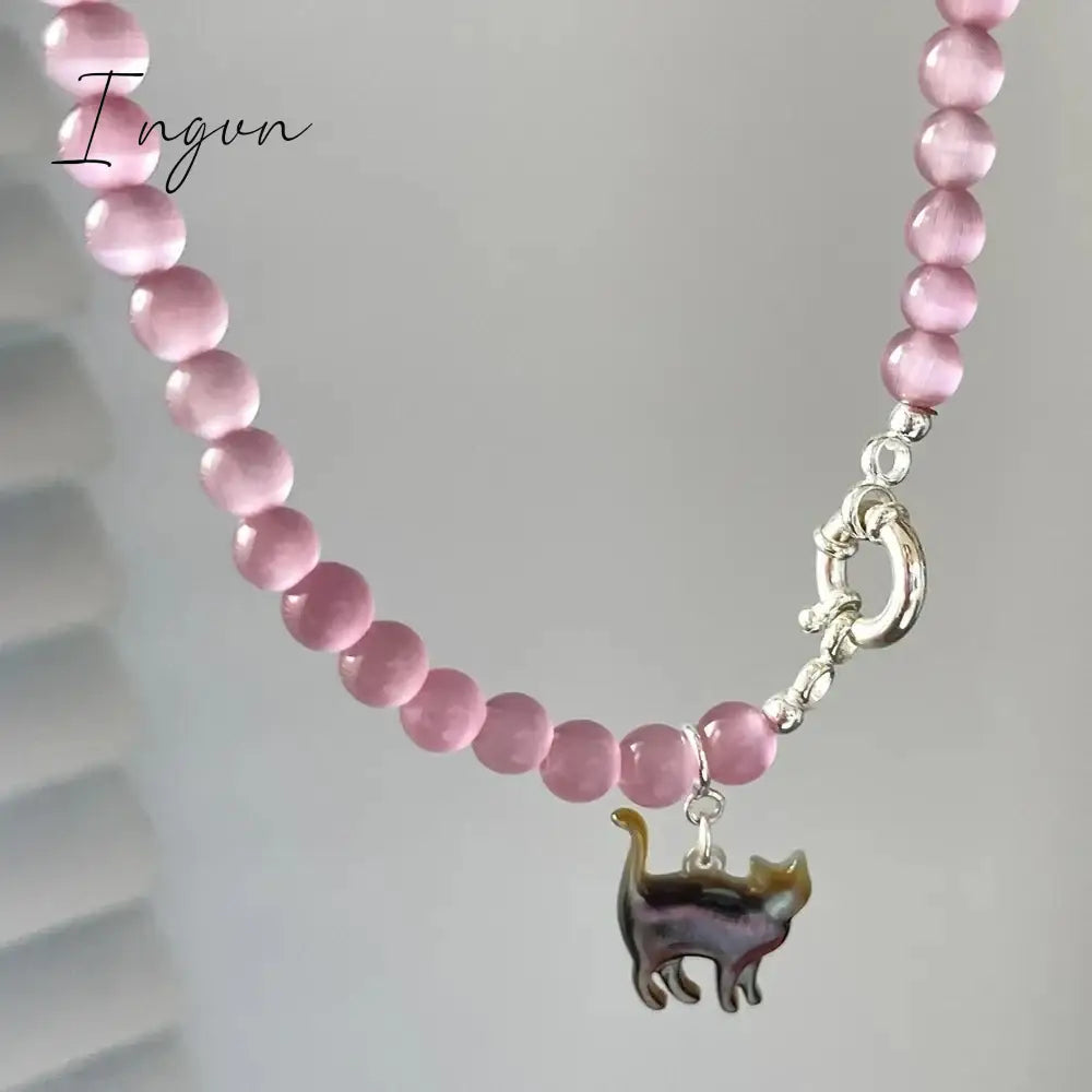 New Pink Crystal Opal Beaded Cat Pendant Necklace for Women Sweet Cool Cute Aesthetics Clavicle Chain Trendy Jewelry Gift