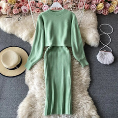 Ingvn - New Fashion Autumn Winter Women's Thicken Warm Knitted Pullover Sweater Two-Piece Suits +High Waist dress Set