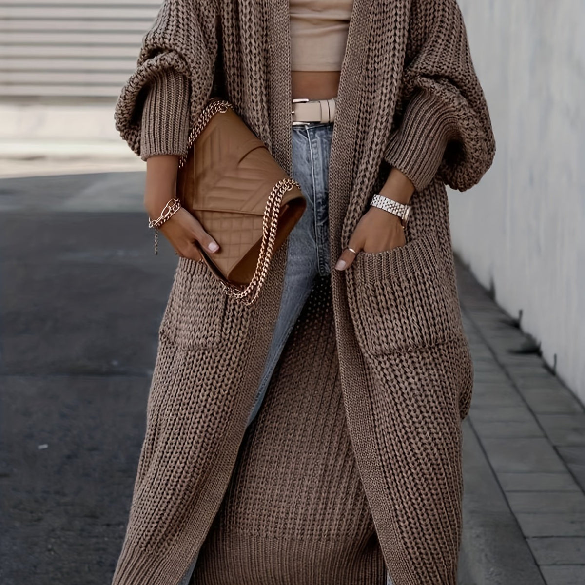 Solid Open Front Pocket Cardigan, Casual Long Sleeve Long Length Sweater For Fall & Winter, Women's Clothing