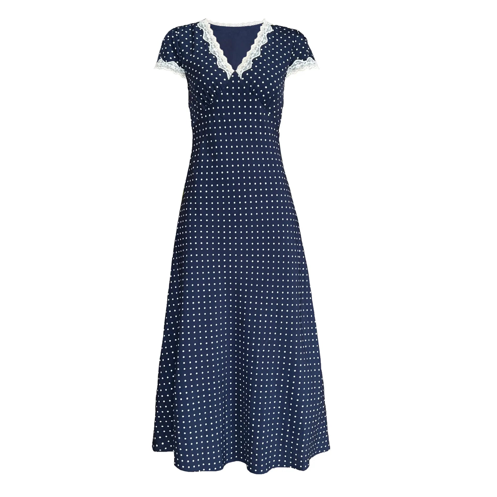 Summer Lace Patchwork Polka Dot Dress Women V-neck Elegant High Waist A-line Midi Dresses