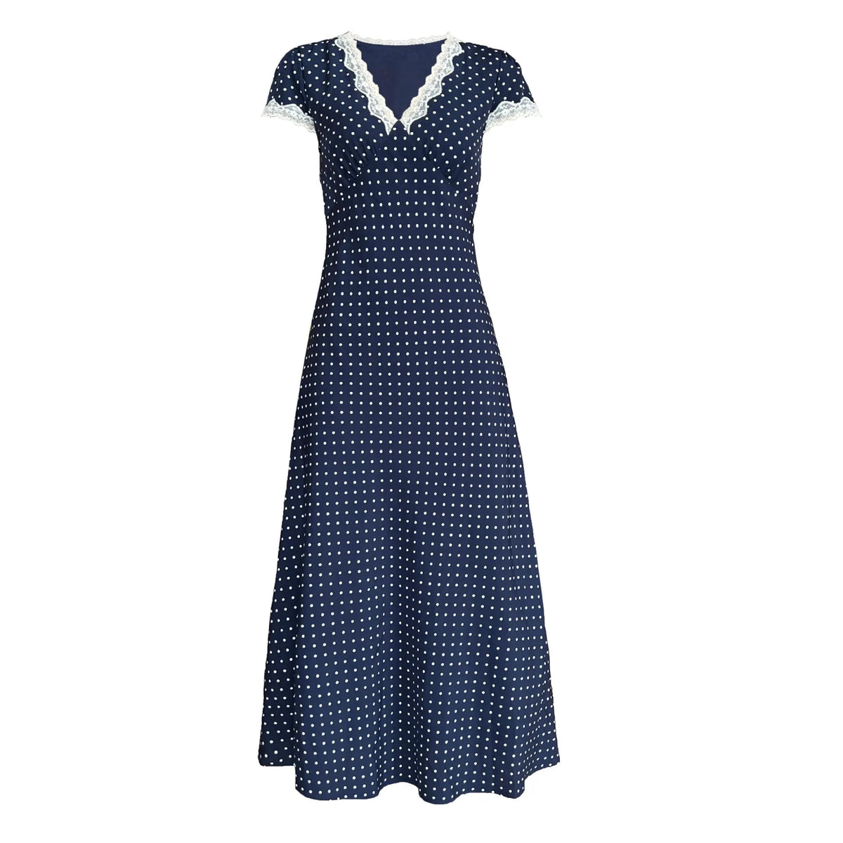 Summer Lace Patchwork Polka Dot Dress Women V-neck Elegant High Waist A-line Midi Dresses