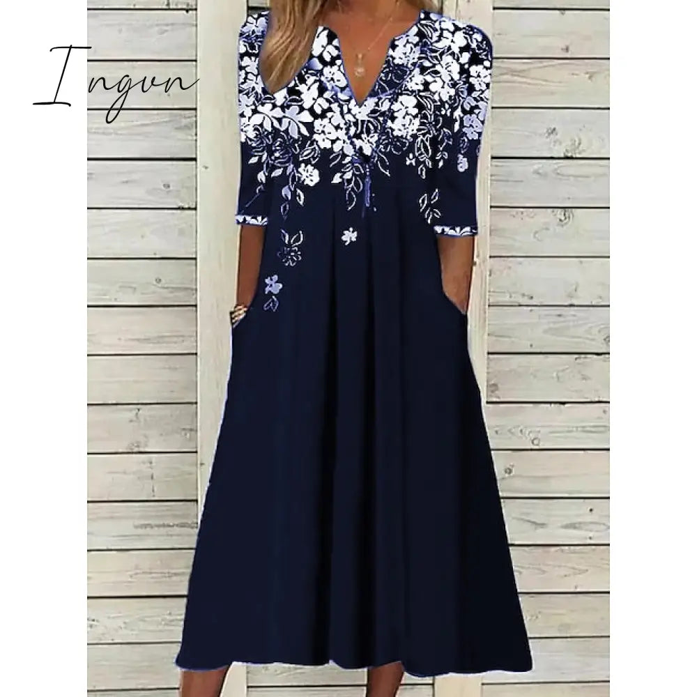 Ingvn - Women's Casual Dress T Shirt Dress Tee Dress Shift Dress Midi Dress Black Wine Blue Half Sleeve Floral Patchwork Summer Spring Crew Neck Fashion 2023 S M L XL 2XL 3XL