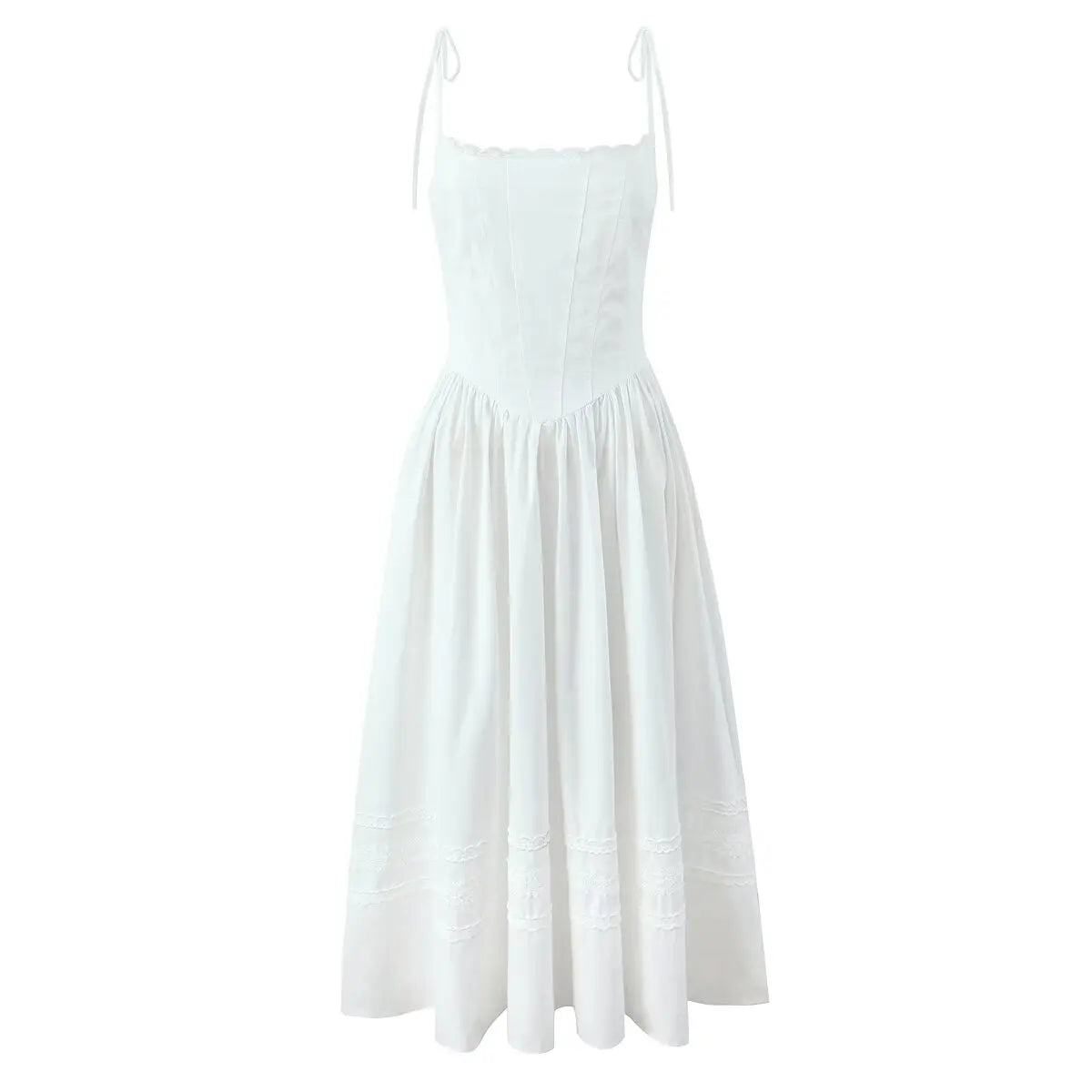 Elegant Women Lace Spliced Sexy Spaghetti Straps Dress Low Waist A-line Midi Long Summer Dresses Casual Party Robe Cotton
