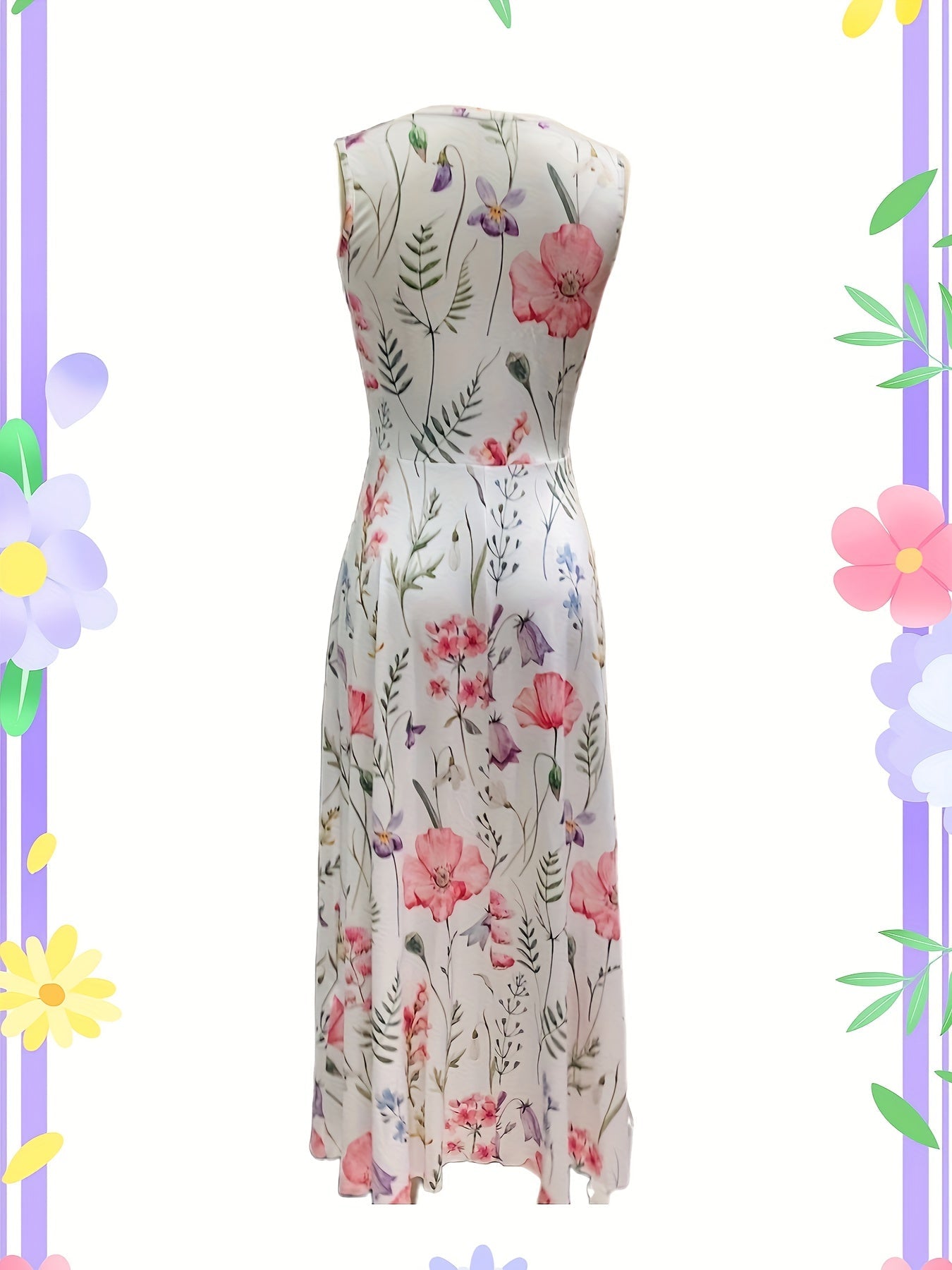 Floral Print Sleeveless Dress, Boho V Neck Simple Maxi Dress, Women's Clothing