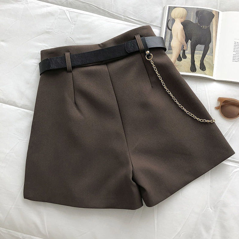 New Summer Women's Shorts Button Solid Color Pocket Casual High Waist Suit Shorts Casual Thin Women Clothing + Send Belt