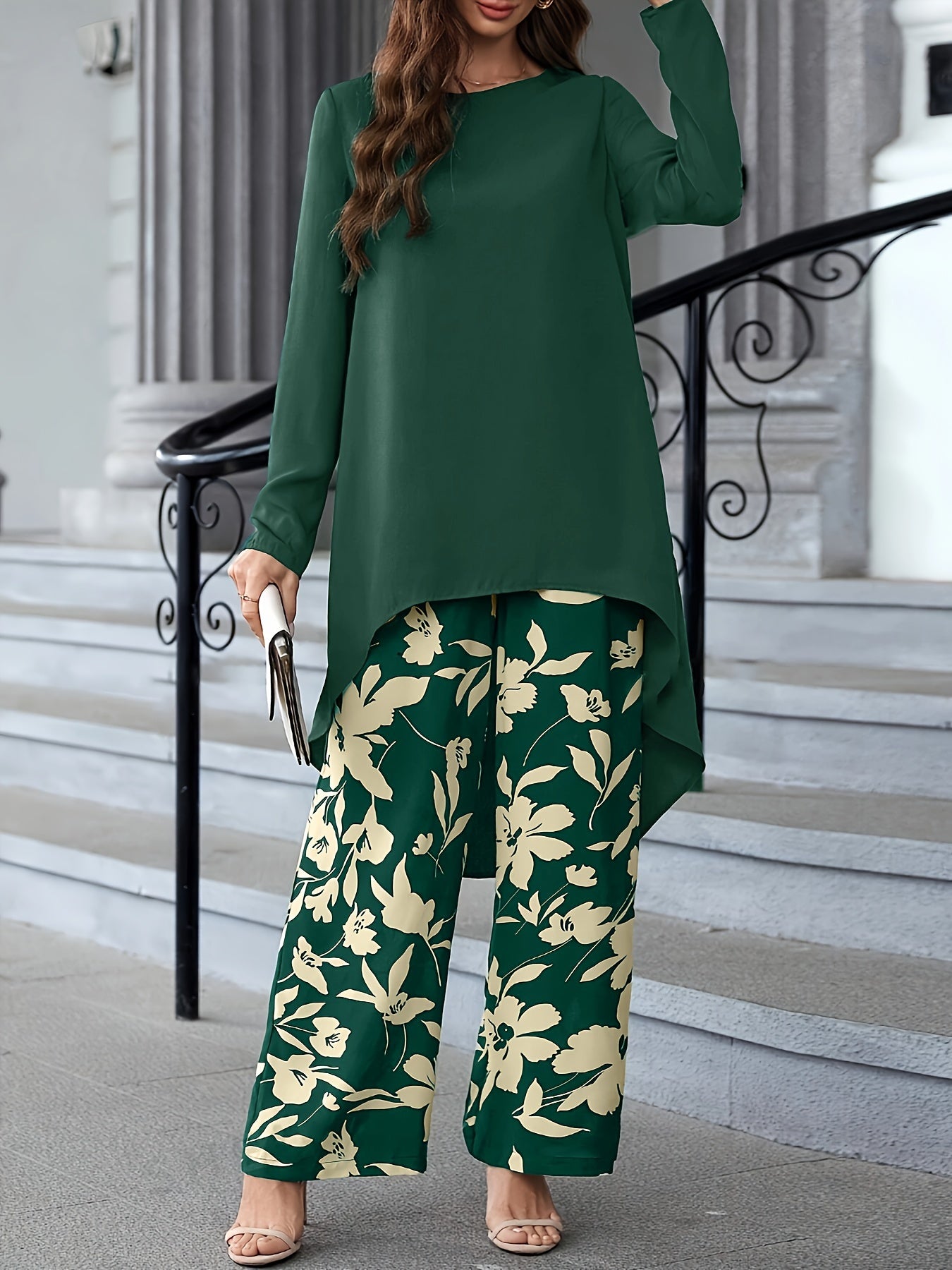 Two Piece Set: Solid Long Sleeve Crew Neck Top & Floral Print Wide Leg Pants for Spring & Fall, Women's Elegant Outfits