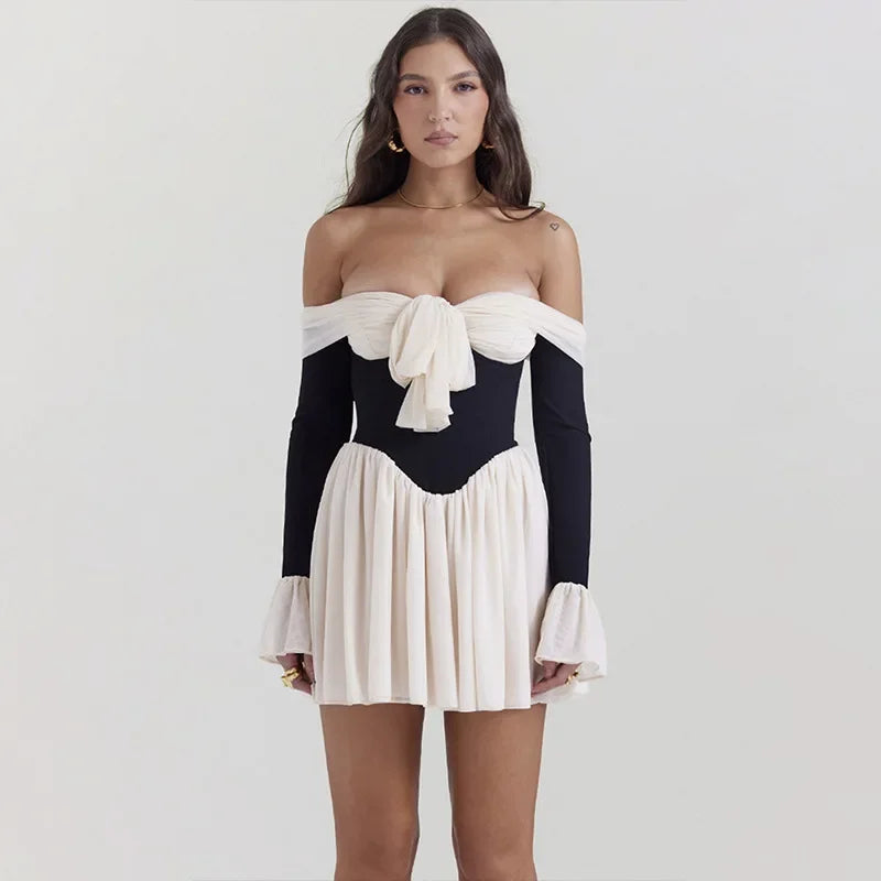 Lace Folds Mini Dress For Women Off The Shoulders Bodycon Splice Sexy Dress Women's Clubwear Fashion Slim Dresses Female
