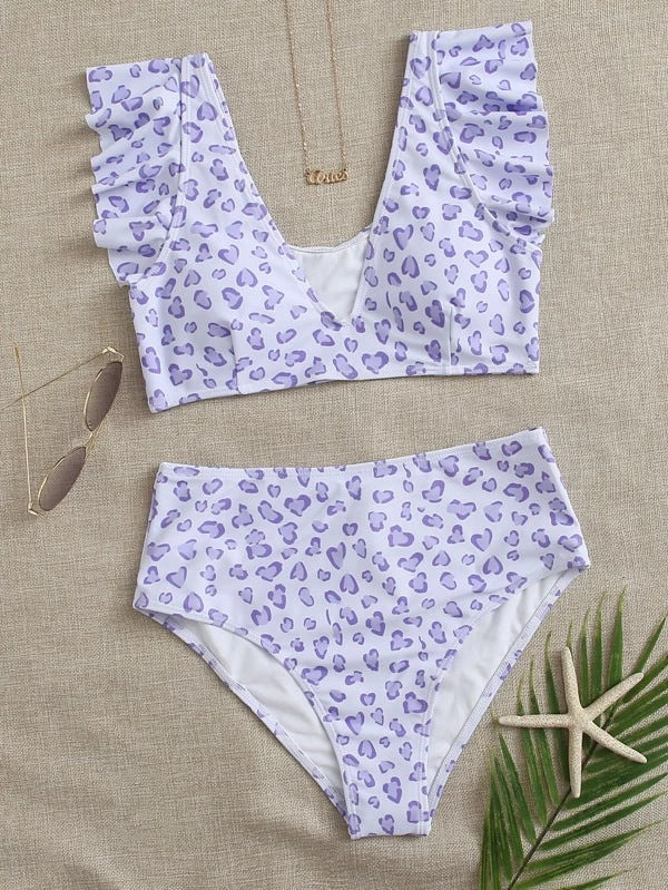 new European and American leopard print ruffled independent station bikini ladies split swimsuit
