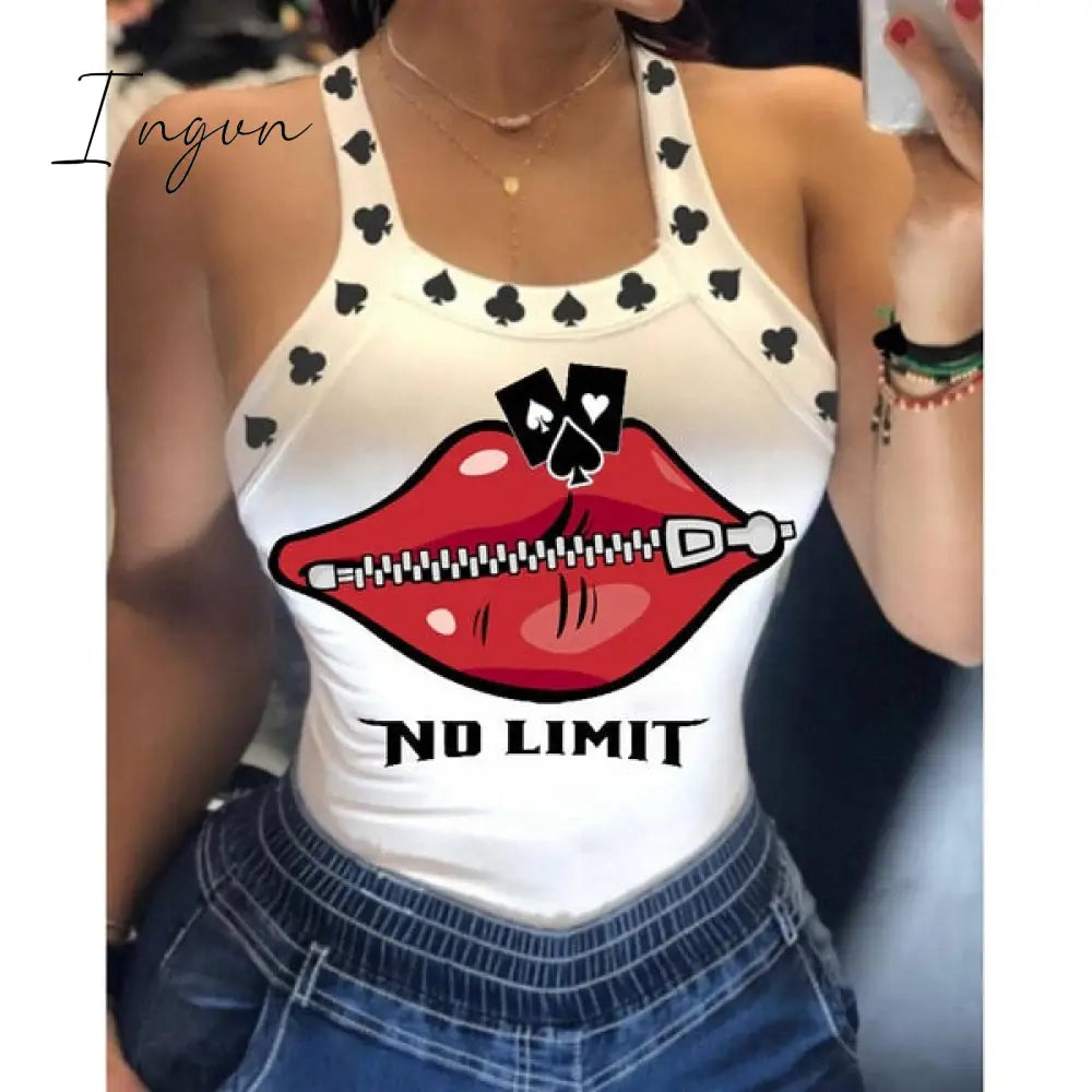 Ingvn - Tank Tops Women U Neck Letter Print Lips Vest Summer Ladies Harajuku Shirts Slim Fit Polyester Sleeveless Top Tshirts