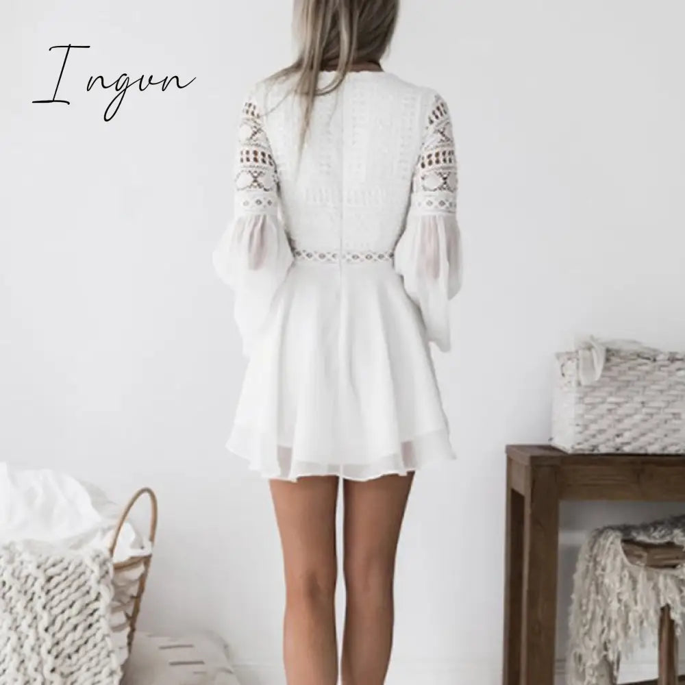 Ingvn - Sexy Crochet Lace V-Neck Mini Dress Summer Flare Sleeve Chiffon Beach Sundress Elegant Women Dress Party Sexi
