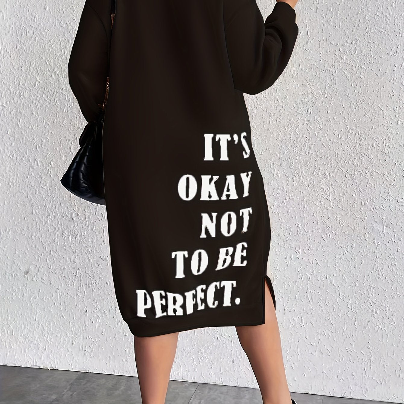 Midi Plus Size Casual Slogan Print Long Sleeve Round Neck Trapeze Sweatshirt Dress - Soft Medium Stretch Polyester Fabric, Loose Fit, Pullover Style, Machine Washable - Weekend Casual Wear for Fall Season