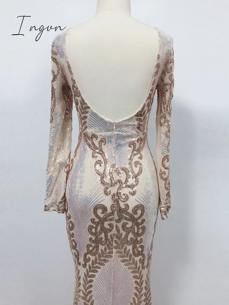 Ingvn - Hot Sale O-neck Long-Sleeve Shinning Sequins Evening Dresses Sexy Backless Mermaid Party Gowns Maxi Elegant Multi Female Robes vestidos