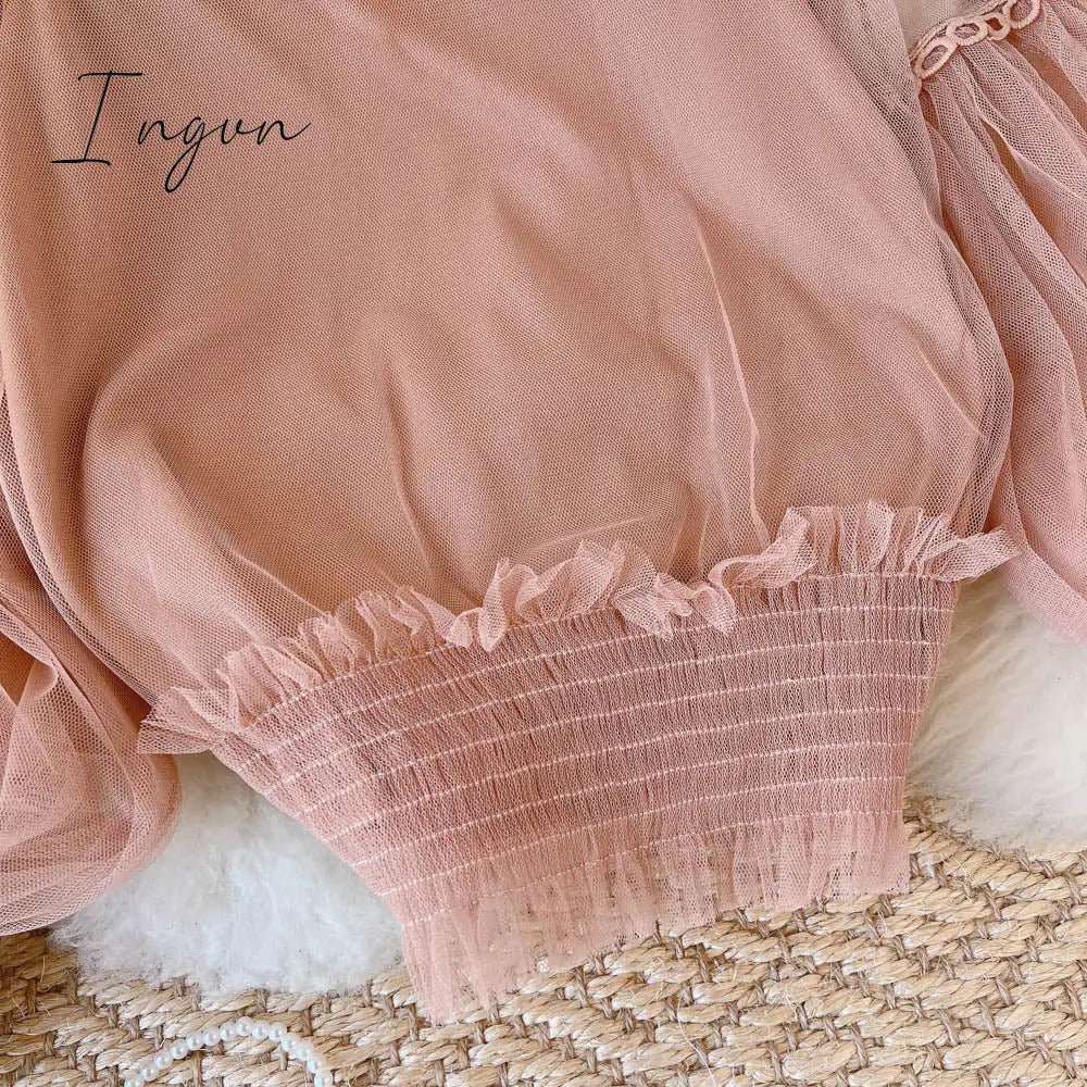 Ingvn - spring Women Mesh Tops Fashion Sexy Sheer Lace Blouse Lantern Sleeve 3D Floral Blouses Shirts Elegant Top Blusas Femininas