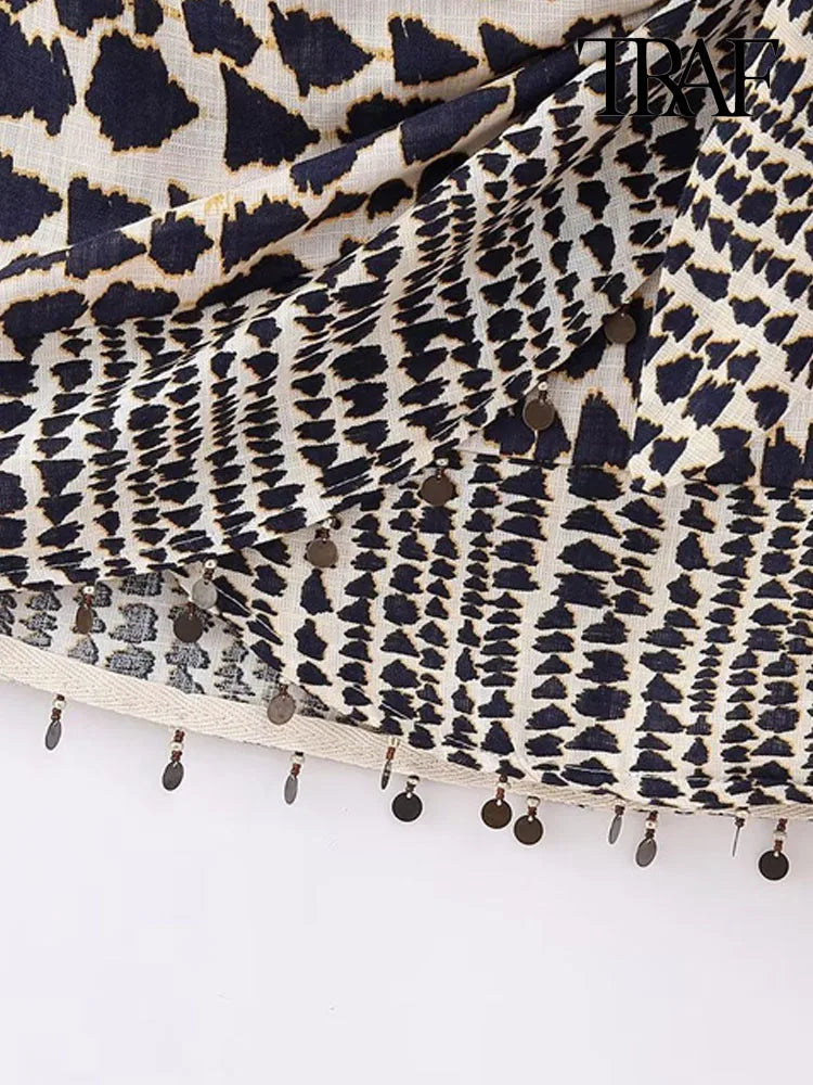 Women Fashion With Beaded Print Wrap Mini Skirt Vintage High Waist Back Zipper Female Skirts Mujer
