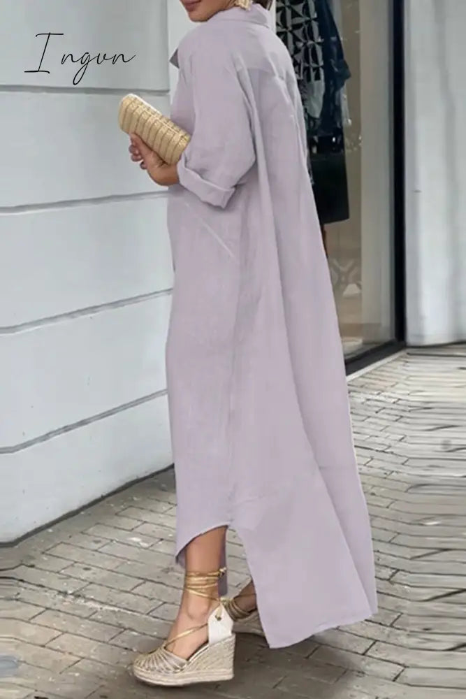 Ingvn - Casual Solid Buttons Turndown Collar Shirt Dress Dresses