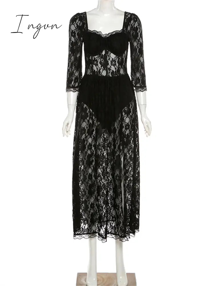 Ingvn - Hot Sale Boho Korean New Mature Woman Sexy Square Collar Lace Mesh Transparent High Waist Split Goddess Full Sleeve Long Dress Dresses 8P