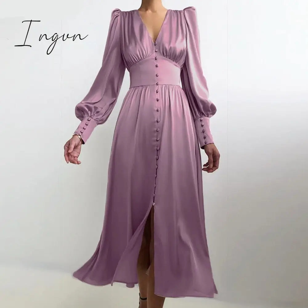Ingvn - Puff Sleeve Vintage Satin Midi Dress Women V-Neck Party Pleated Dress Black Elegant Bodycon Dress Ladies Chic Ruched
