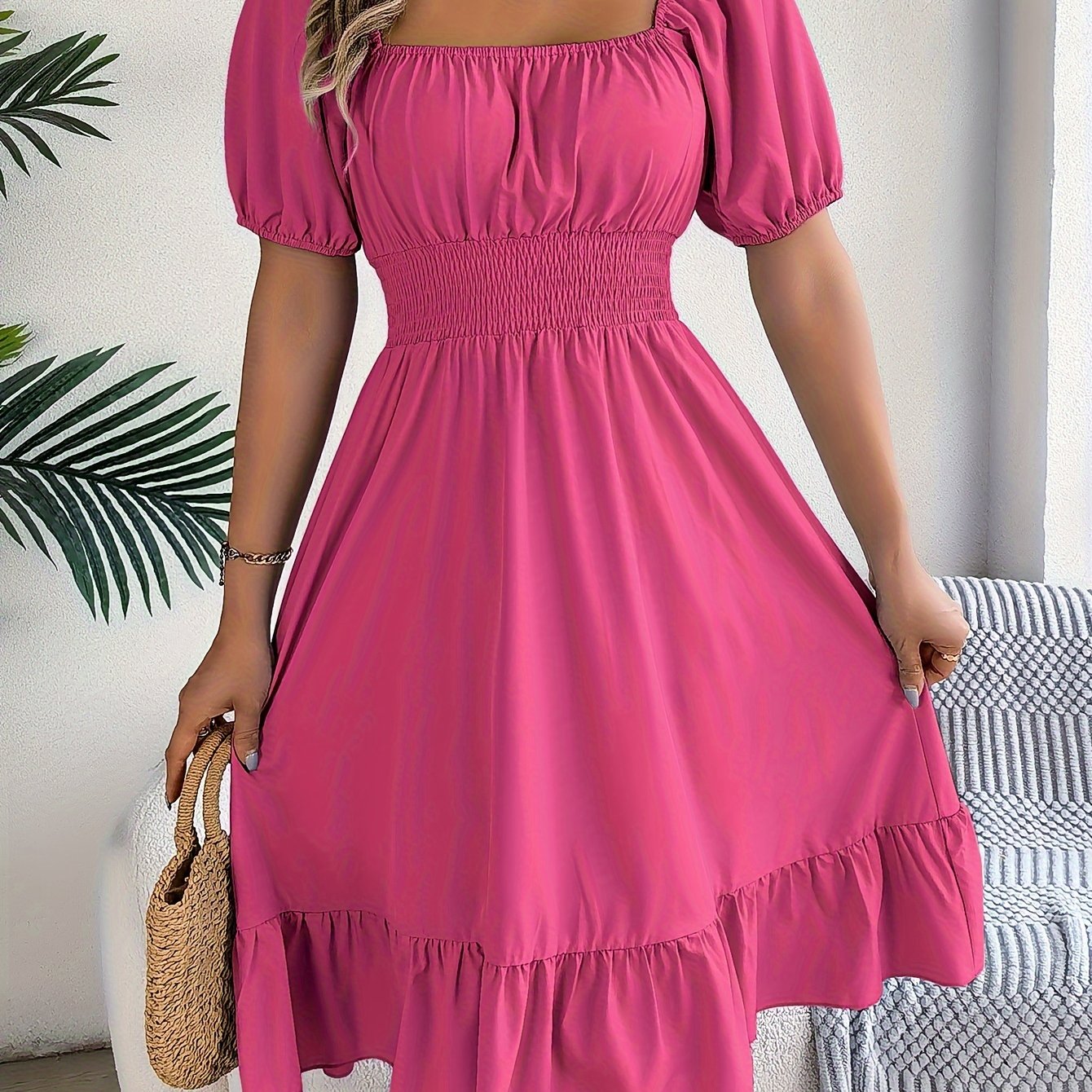 Solid Puff Sleeve Square Neck Waist Dress, Elegant Ruched Bust Ruffle Hem Dress, Women's Clothing Wedding graduation engagement occasion ceremony party holiday vacation birthday