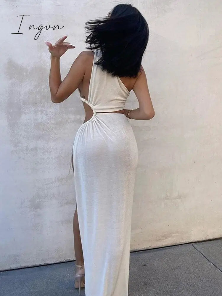 Ingvn - Fashion White Elegant Maxi Dress Summer Women Sexy One Shoulder Split Long Dress Female Fashion Cut Out Club Party Dress Beachwear