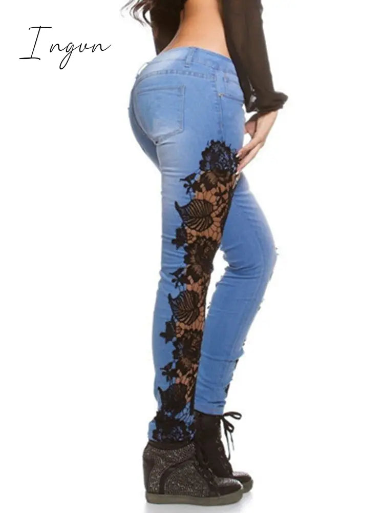 Ingvn - Plus Size 3XL Lace Floral Crochet Hollow-Out Jeans Autumn Women Elegant Sexy Denim Pencil