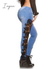 Ingvn - Plus Size 3XL Lace Floral Crochet Hollow-Out Jeans Autumn Women Elegant Sexy Denim Pencil