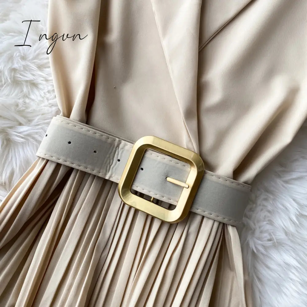 Ingvn - Vintage Notched Collar Draped Rompers For Women Casual Sleeveless High Waist Wide Leg Playsuits Female Beige/Green Jumpsuit