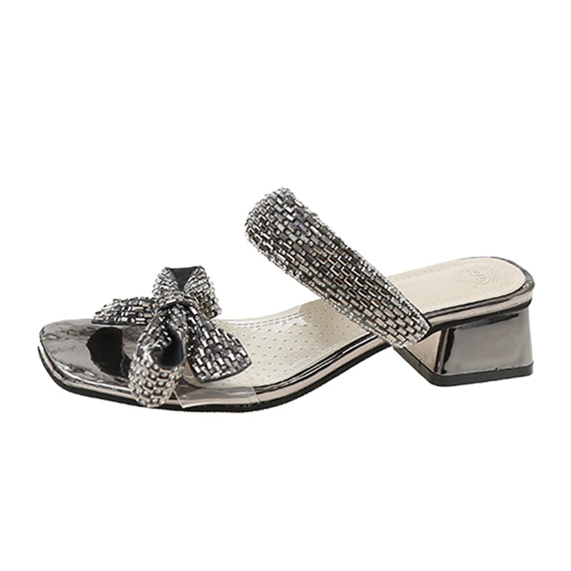Ingvn  Shiny Crystal Bowtie High Heels Sandals for Women Summer Square Toe Thick Heeled Slippers Woman Plus Size 42 Outdoor Slides