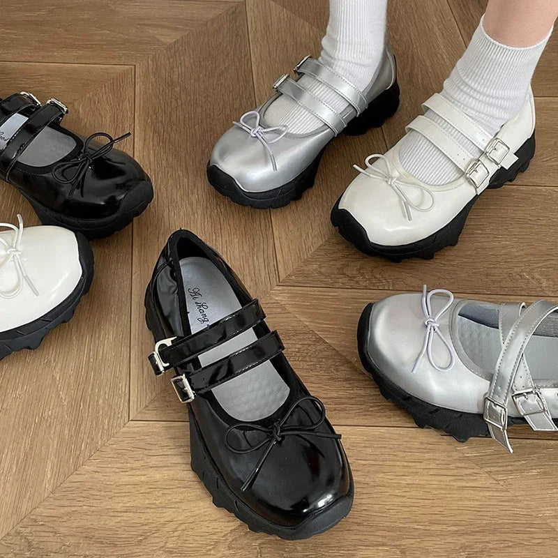 Ingvn  Chunky Women Mary Jane Shoes Fashion Elegant Shallow Butterfly-knot Shoes Ladies Outdoor Street Style Thick Heel Shoes