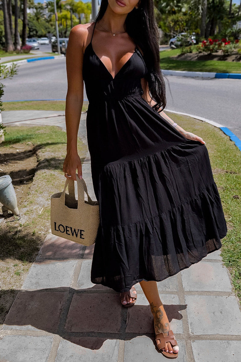 Sexy Simplicity Solid Backless V Neck Sling Dresses