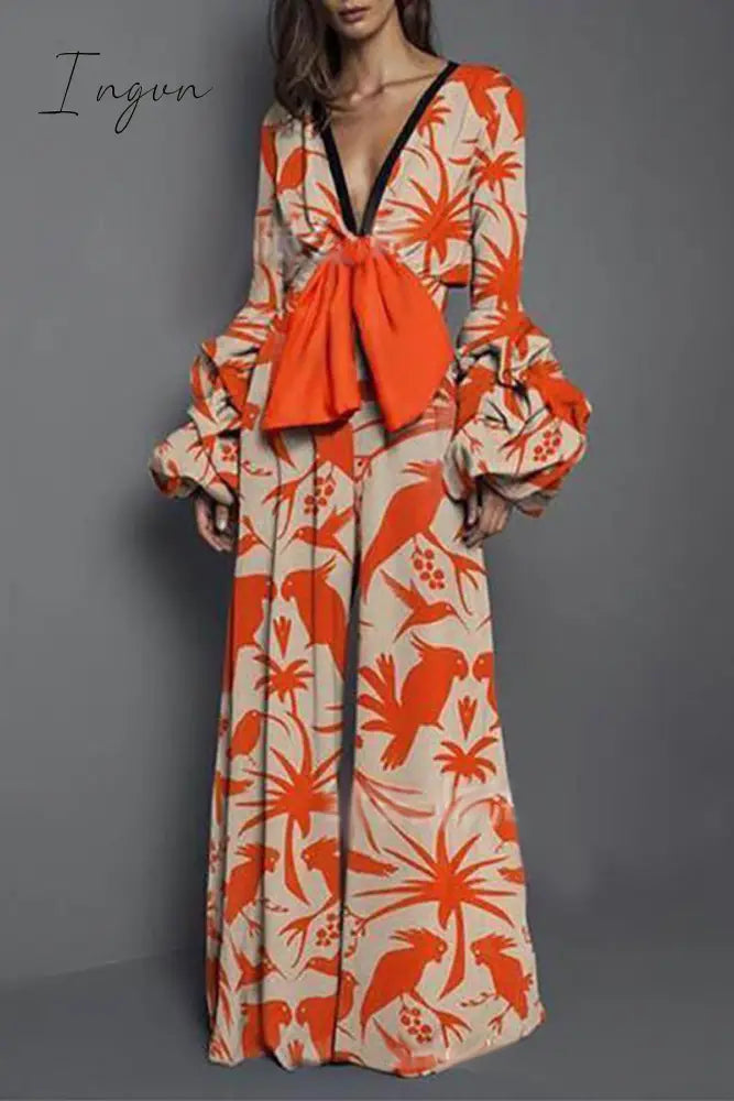Ingvn - Elegant Floral Frenulum V Neck Loose Jumpsuits
